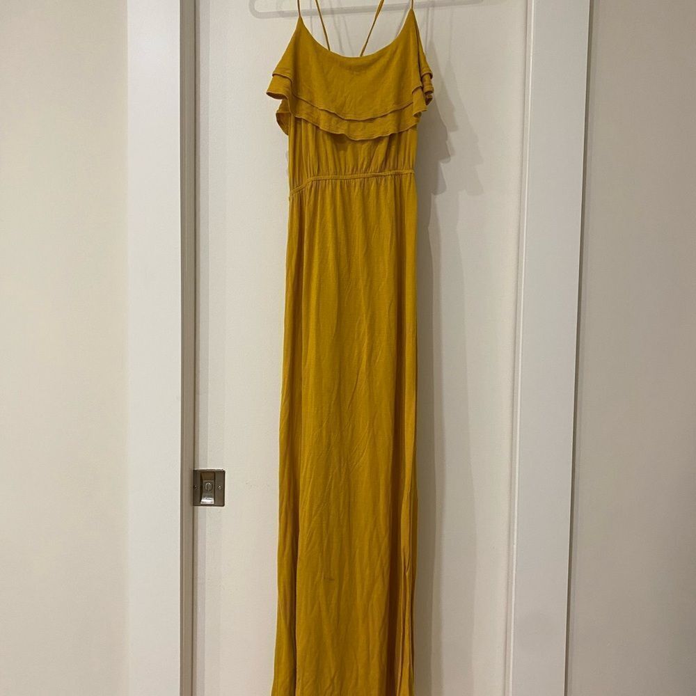 XXI  Yellow Gold boho festival   Empire waist tie back  Ruffle top Maxi Dress S
